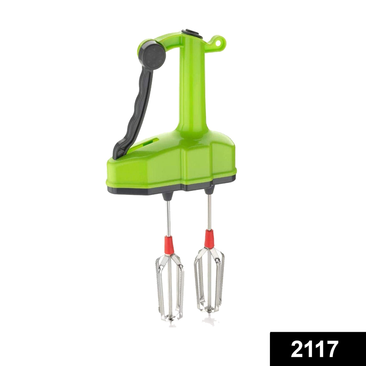 A vibrant green manual hand blender with black handle and red-tipped stainless steel whisks stands against a white