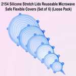 Set of 6 flexible silicone stretch lids in different sizes for kitchen use.