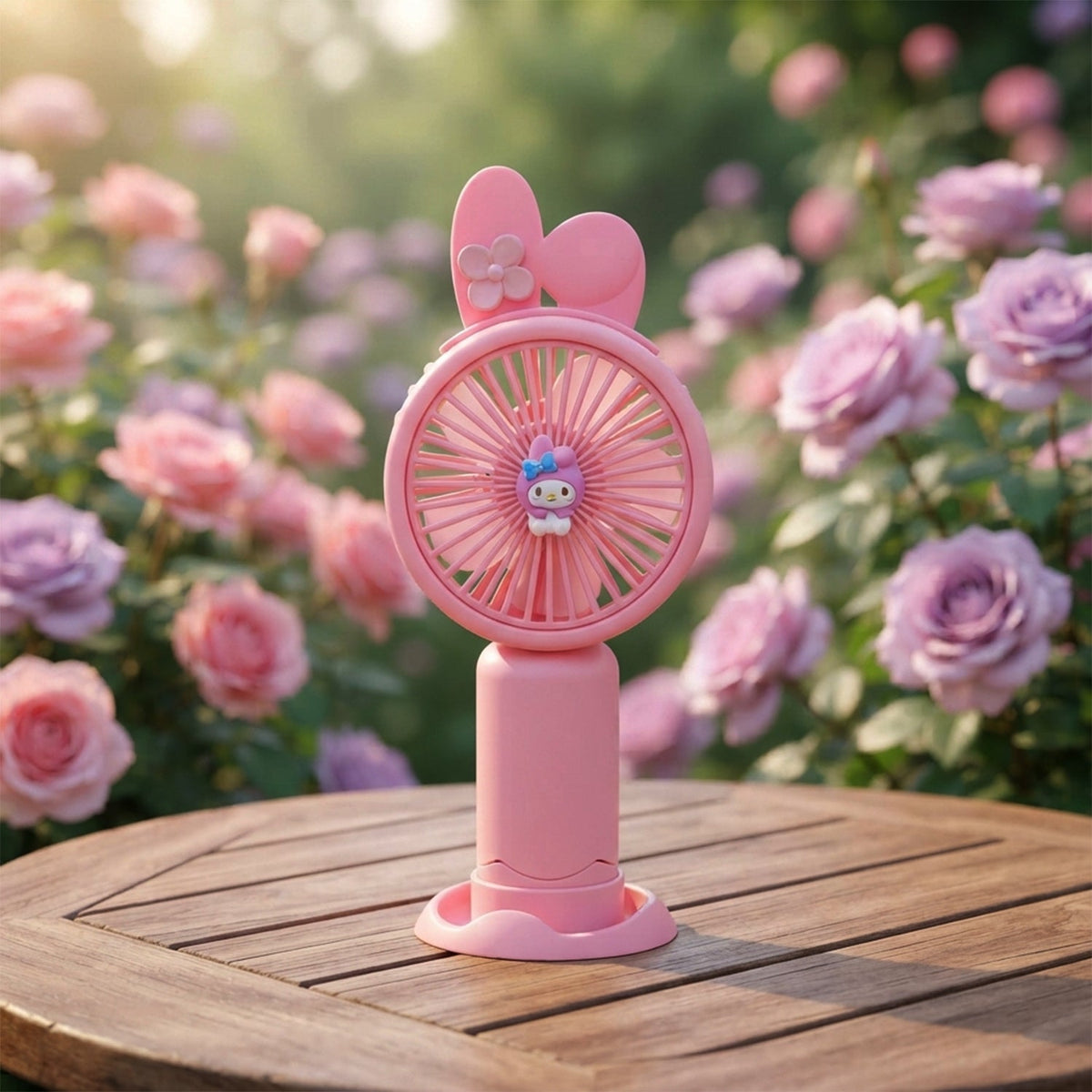 A young girl with flowing hair smiles as she holds a pink bunny ear mini handheld fan to her face, feeling the breeze.