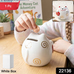 Side view of adorable ceramic cat piggy bank, ideal for home decor and gift.