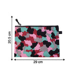 A flat, closed pouch with a pink, red, black, grey, and teal camouflage pattern, displaying its dimensions of 20.5 cm by 29