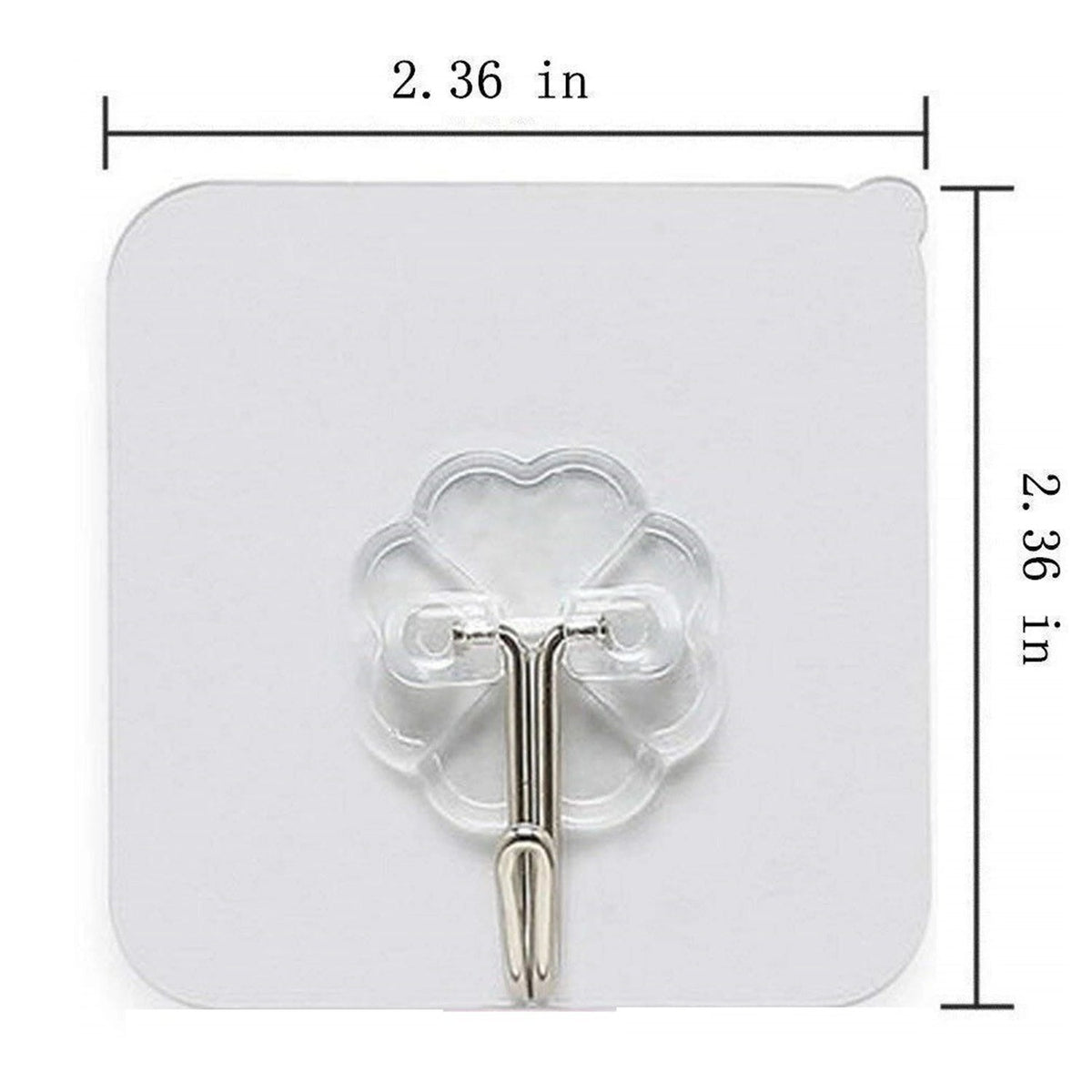 A transparent self-adhesive hook with a silver metal hook on a white background, showing its 2.36 inch dimensions.