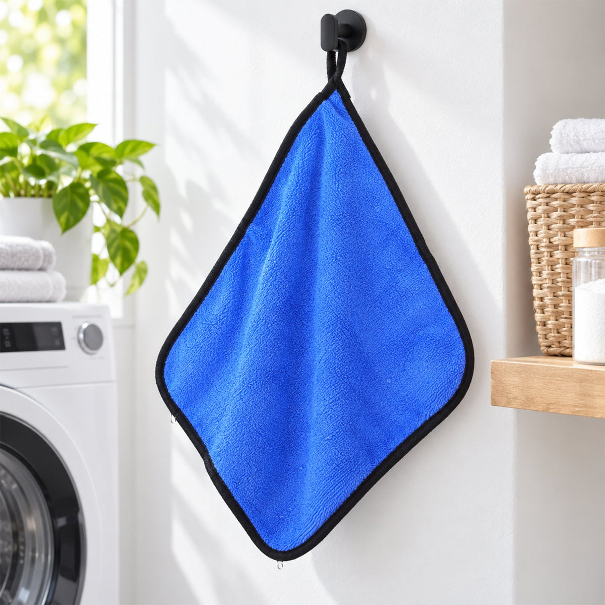 A blue microfiber cleaning cloth with a black border hangs from a black hook in a laundry room.