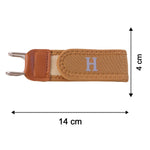 A single tan elastic belt hook with brown faux leather and silver-colored metal, with dimensions of 14 cm by 4 cm.