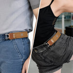 A split image showing a man and a woman wearing the tan elastic belt hooks on their jeans and shorts, respectively.