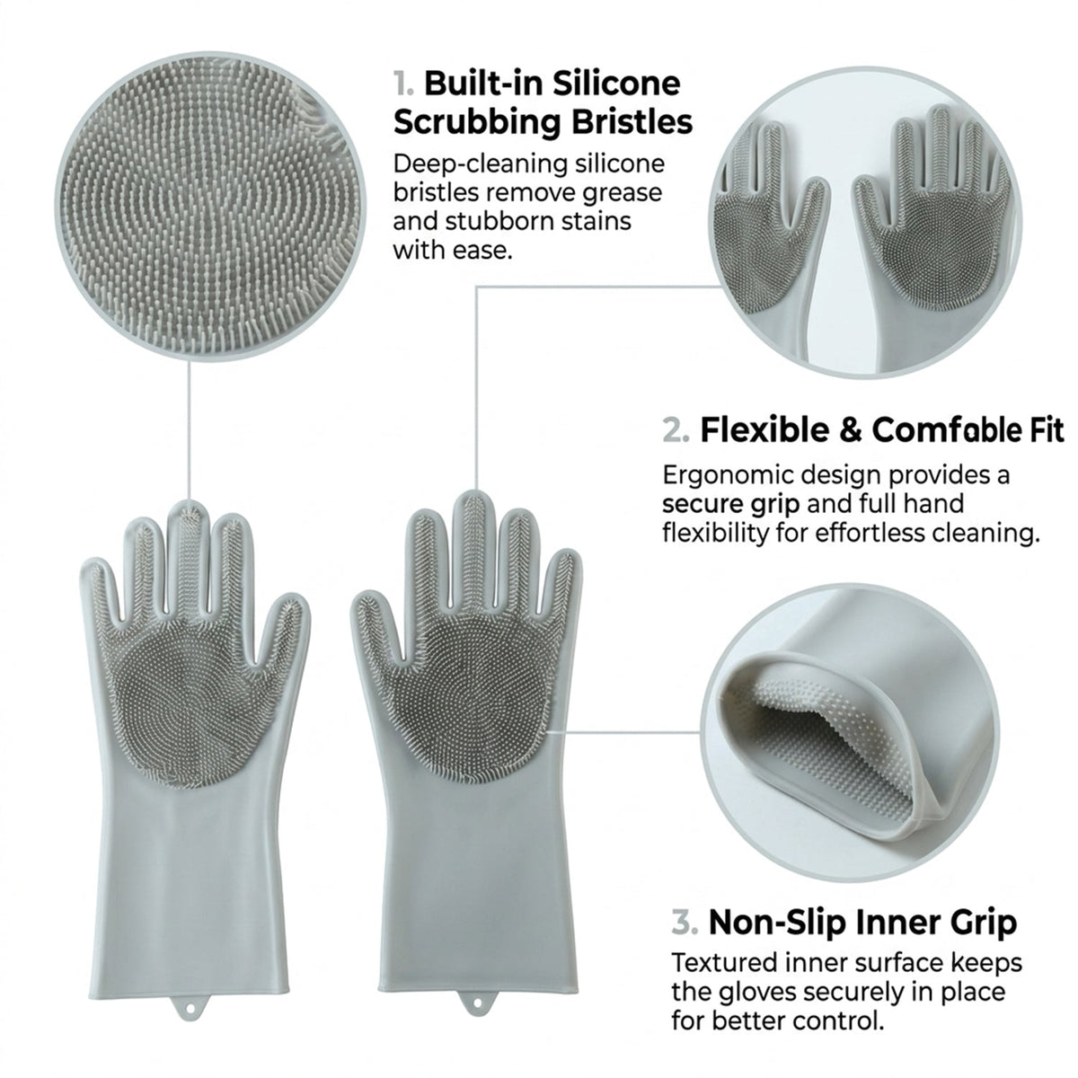An infographic highlighting features of the grey silicone scrubbing gloves: built-in bristles, flexible fit, and non-slip