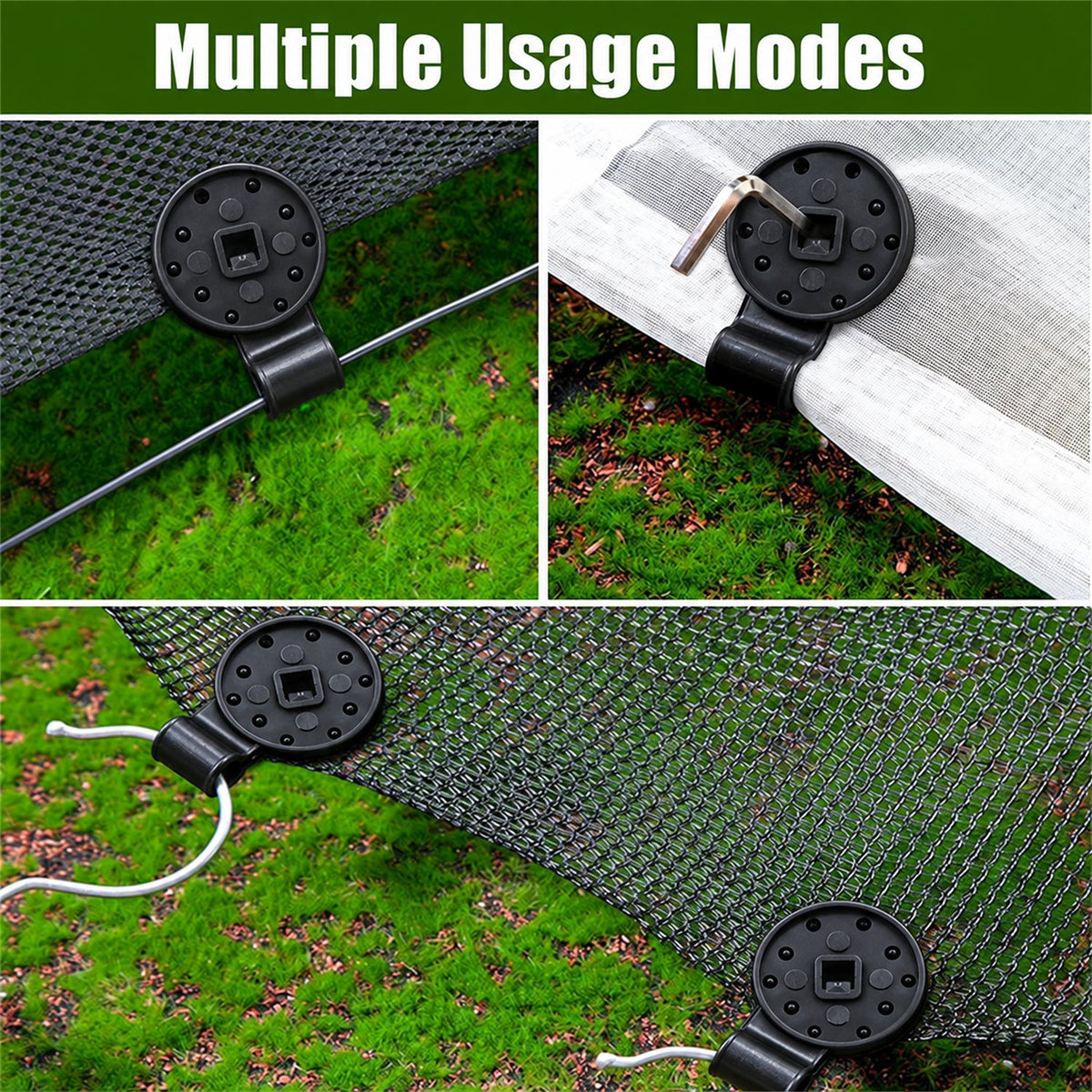 Four insets showing different ways to use the black plastic shade cloth clips with various materials and wires.