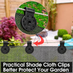 Three black plastic clips securing a green mesh shade cloth to a wire, with an inset showing a close-up of one clip.