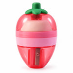 A single pink and red strawberry-shaped sharpener with a green stem and an internal white eraser.