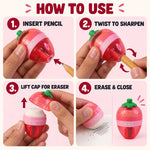 A four-panel graphic demonstrating how to insert a pencil, twist to sharpen, lift the cap for the eraser, and erase.
