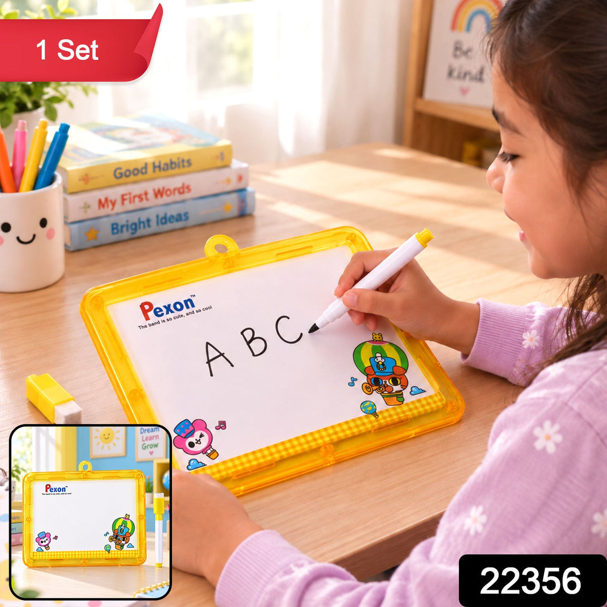 A young girl with dark hair writes “ABC” on a yellow-framed Pexon writing board with a white marker. A small yellow – view 2