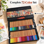 An open black metal tin contains 72 colored pencils and two sharpeners, with a small painting and art supplies nearby.