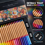 Close-up of vibrant colored pencils in a black tin, showcasing precision tips, rich colors, and dual sharpeners.