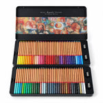 An open black metal tin displays 72 colored pencils in two organized trays on a clean white background.