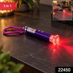 A purple laser pointer keychain with a clear flower cap illuminates a red light pattern on a dark surface, with an inset