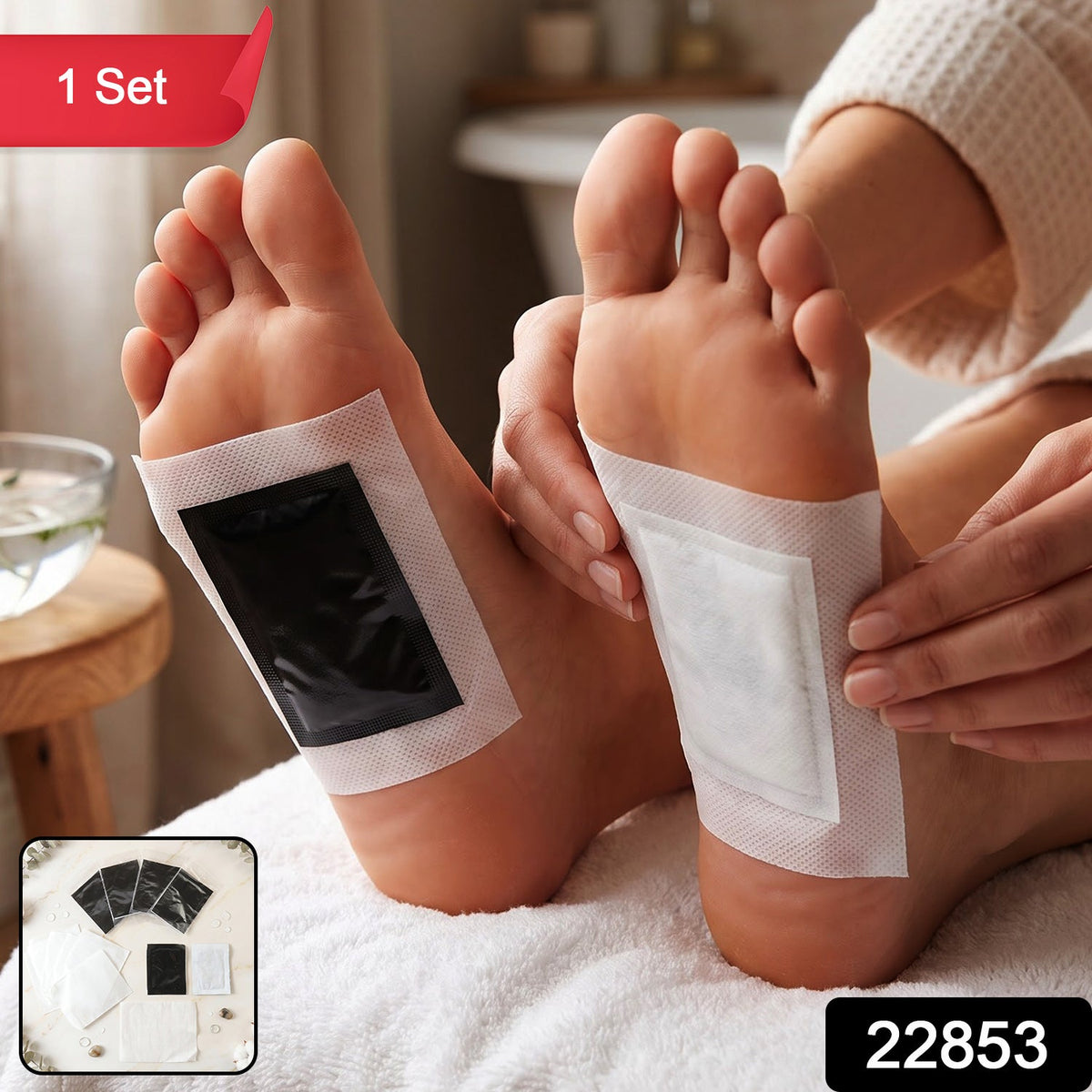 An overhead shot of various foot pad components, including black sachets and white adhesive sheets, on a marble surface.