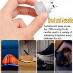 A hand holding the white USB mini light bulb, with four smaller images demonstrating its versatile uses below.