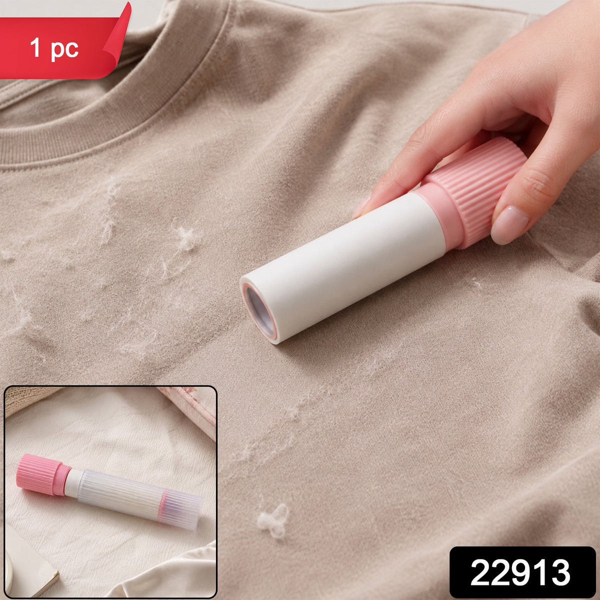 A hand uses a pink and white lint roller on a beige t-shirt covered in lint, with a smaller inset showing the – view 2