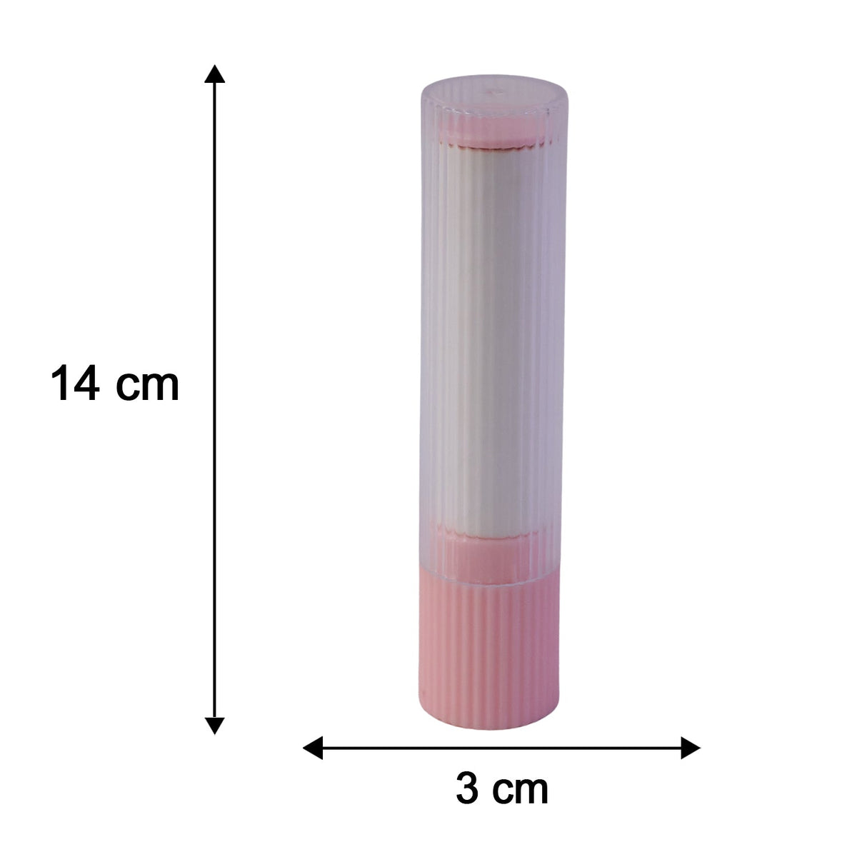 The pink and white lint roller with its clear ribbed protective case, showing dimensions of 14 cm in height and 3 cm in