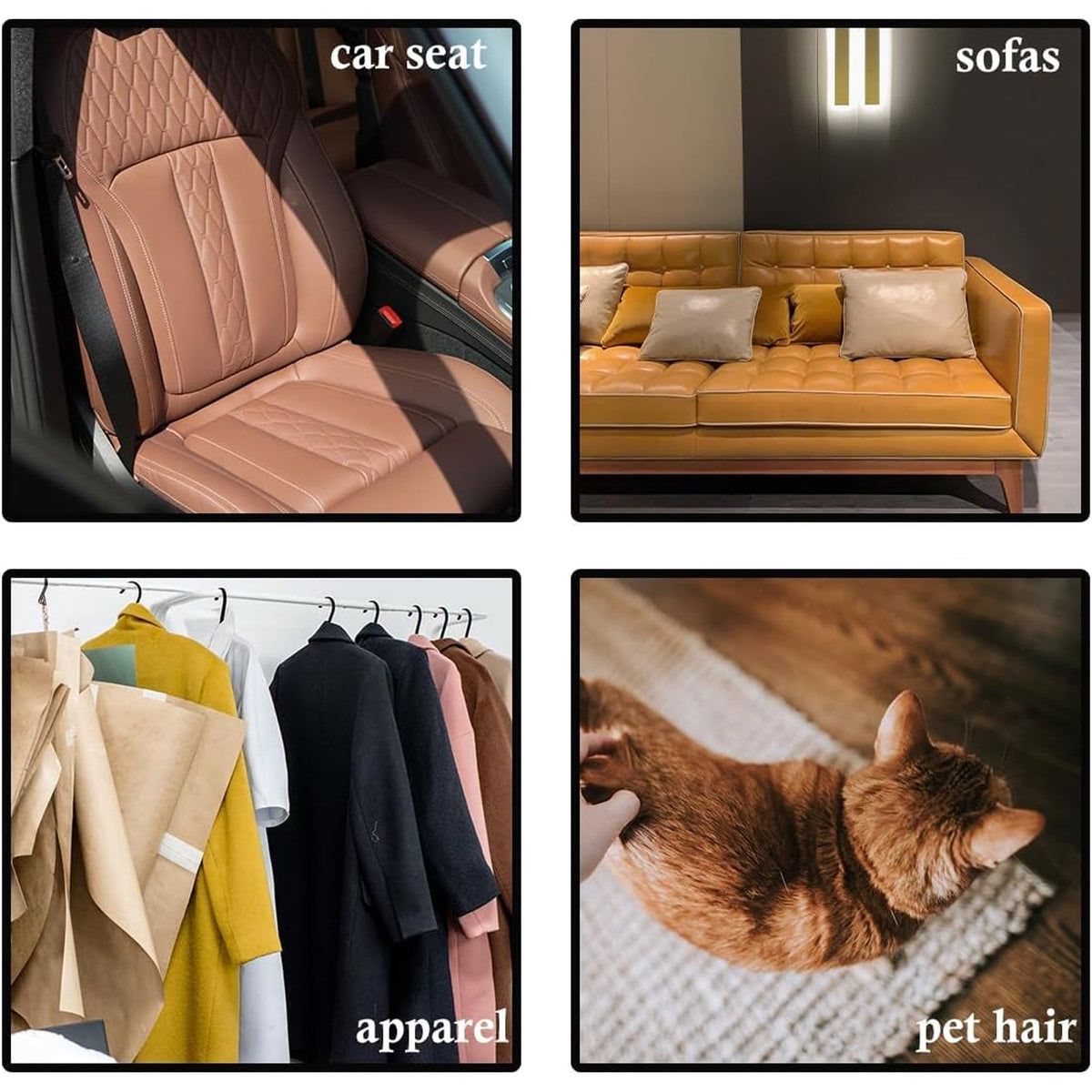 A four-panel grid shows a car seat, a yellow sofa, hanging apparel, and a hand petting a cat, illustrating lint roller uses.