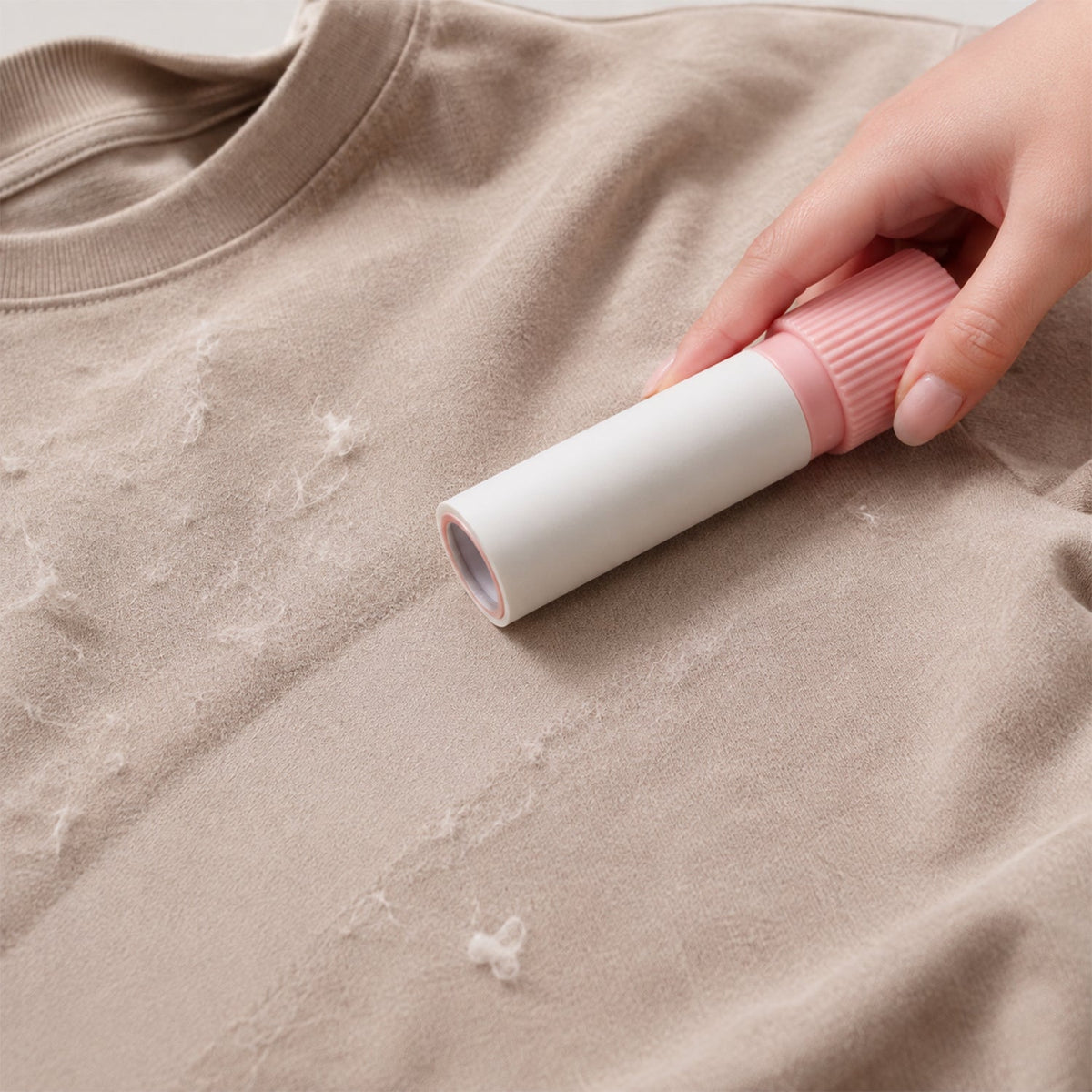 A hand uses a pink and white lint roller on a beige t-shirt covered in lint, with a smaller inset showing the – view 8