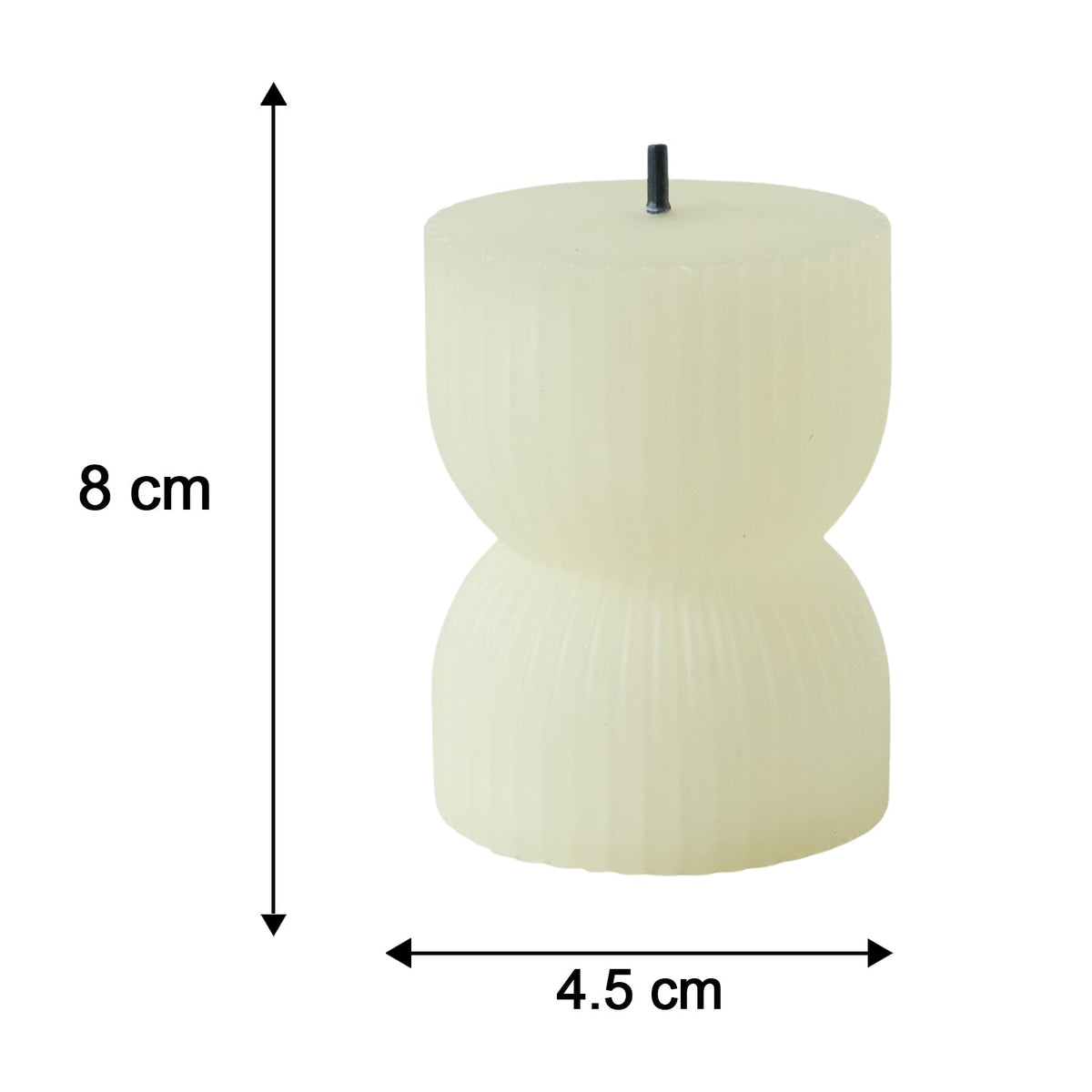 A single cream-colored, ribbed, hourglass-shaped LED candle with a black wick shows dimensions of 8 cm height and 4.5 cm