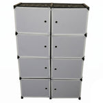 Front view of a black and white modular storage cabinet with eight white doors.