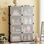 Black and white modular storage cabinet with frosted doors in a child's room with animal wall decals.