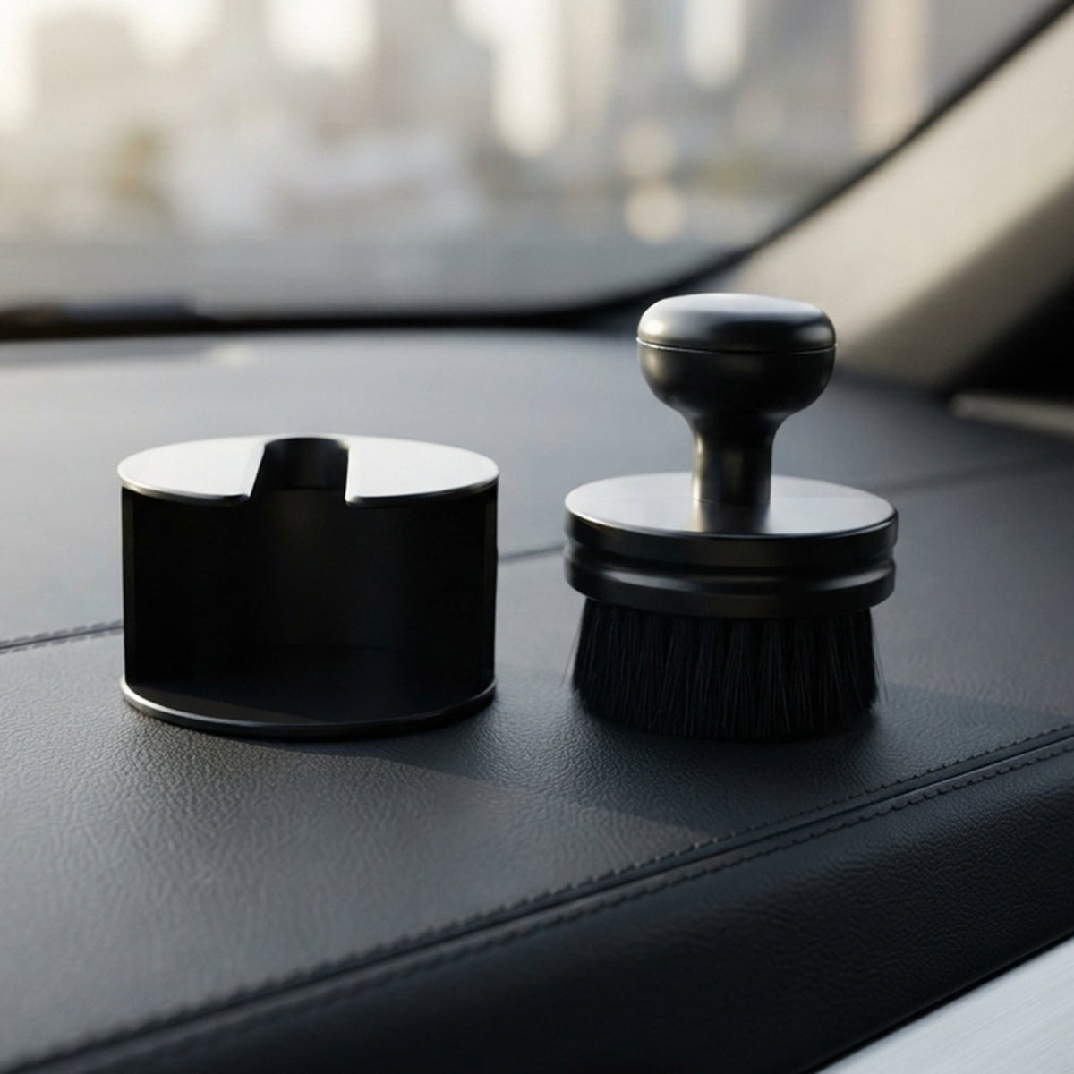 The black detailing brush and its cylindrical base sit on a car's dashboard, with a blurred cityscape in the background.