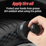 A hand applies tire oil to a car tire using the black detailing brush, with text emphasizing hand protection.