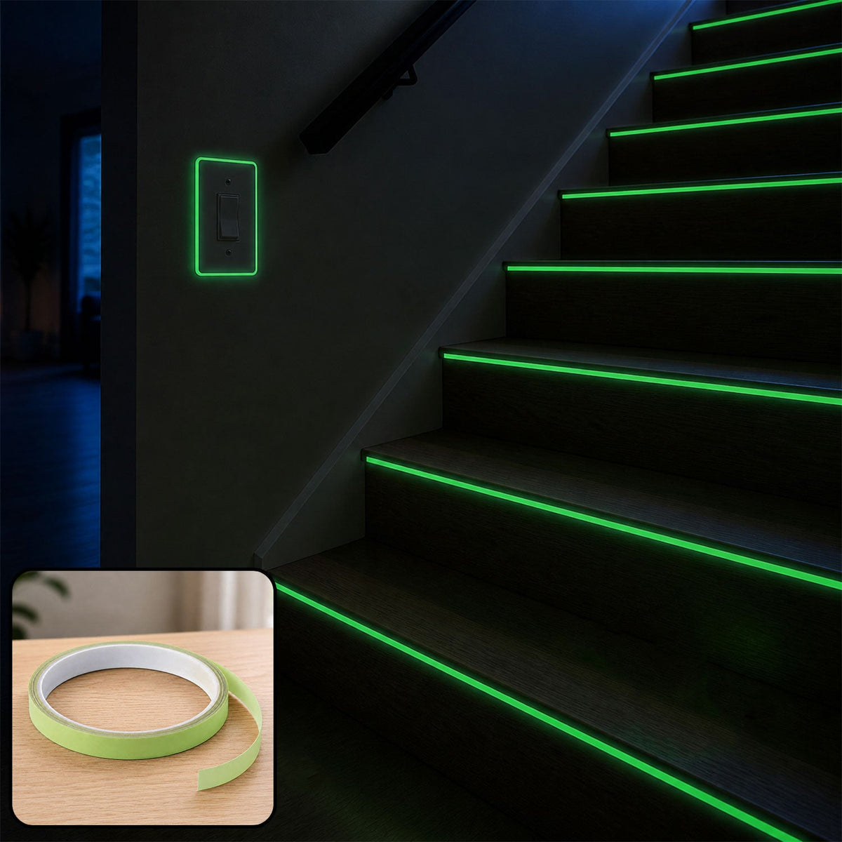 Glow in the dark fluorescent tape applied to stair edges