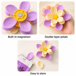 Three close-up views of the flower clip, showing its magnetism, double-layer petals, and easy storage with a lavender pouch.