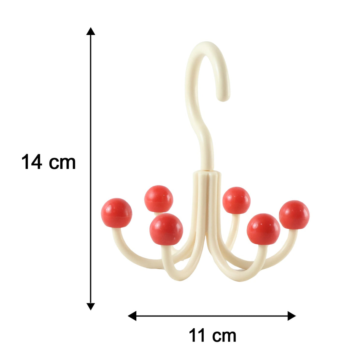 A cream multi-hook hanger with red ball tips is shown with dimensions: 14 cm in height and 11 cm in width.