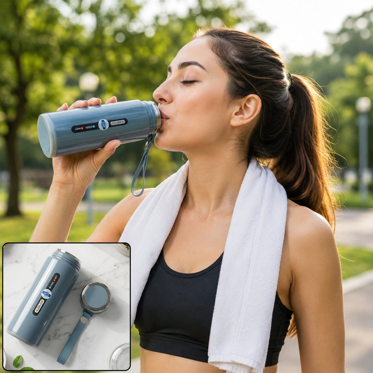 A woman in athletic wear drinks from a blue insulated bottle with a white towel around her neck outdoors.