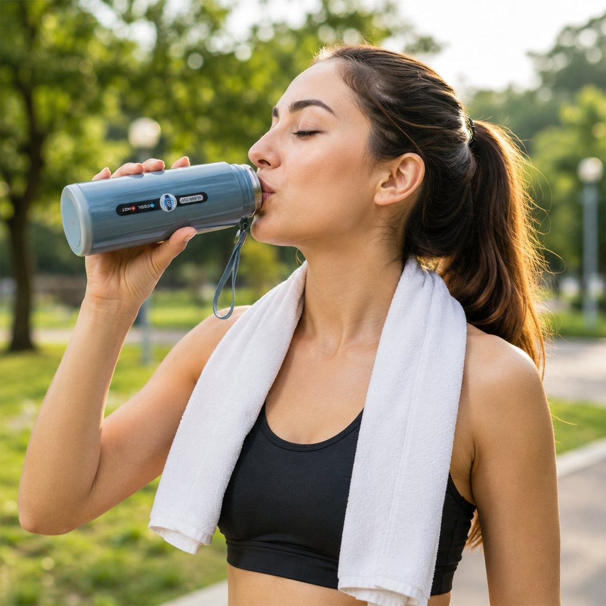 A woman in athletic wear drinks from a blue insulated bottle with a white towel around her neck outdoors. – view 8