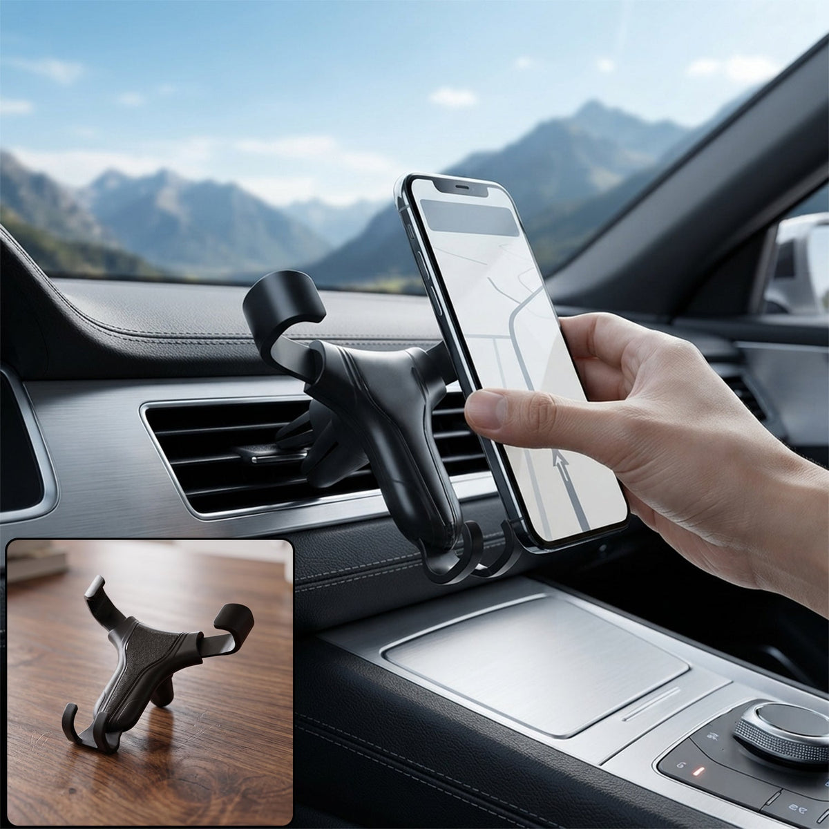 A hand placing a phone into a black gravity lock car phone holder mounted on a car's air vent, with a smaller inset