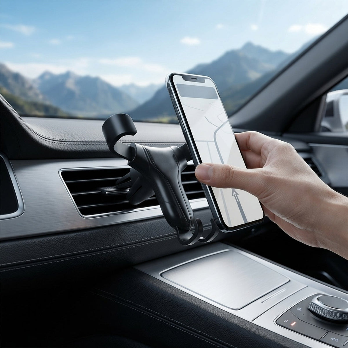A hand placing a phone into a black gravity lock car phone holder mounted on a car's air vent, with a mountainous landscape