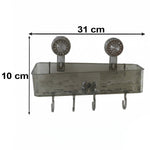 A clear grey plastic caddy with four hooks is mounted on a white background, with dimensions of 31 cm width and 10 cm height.