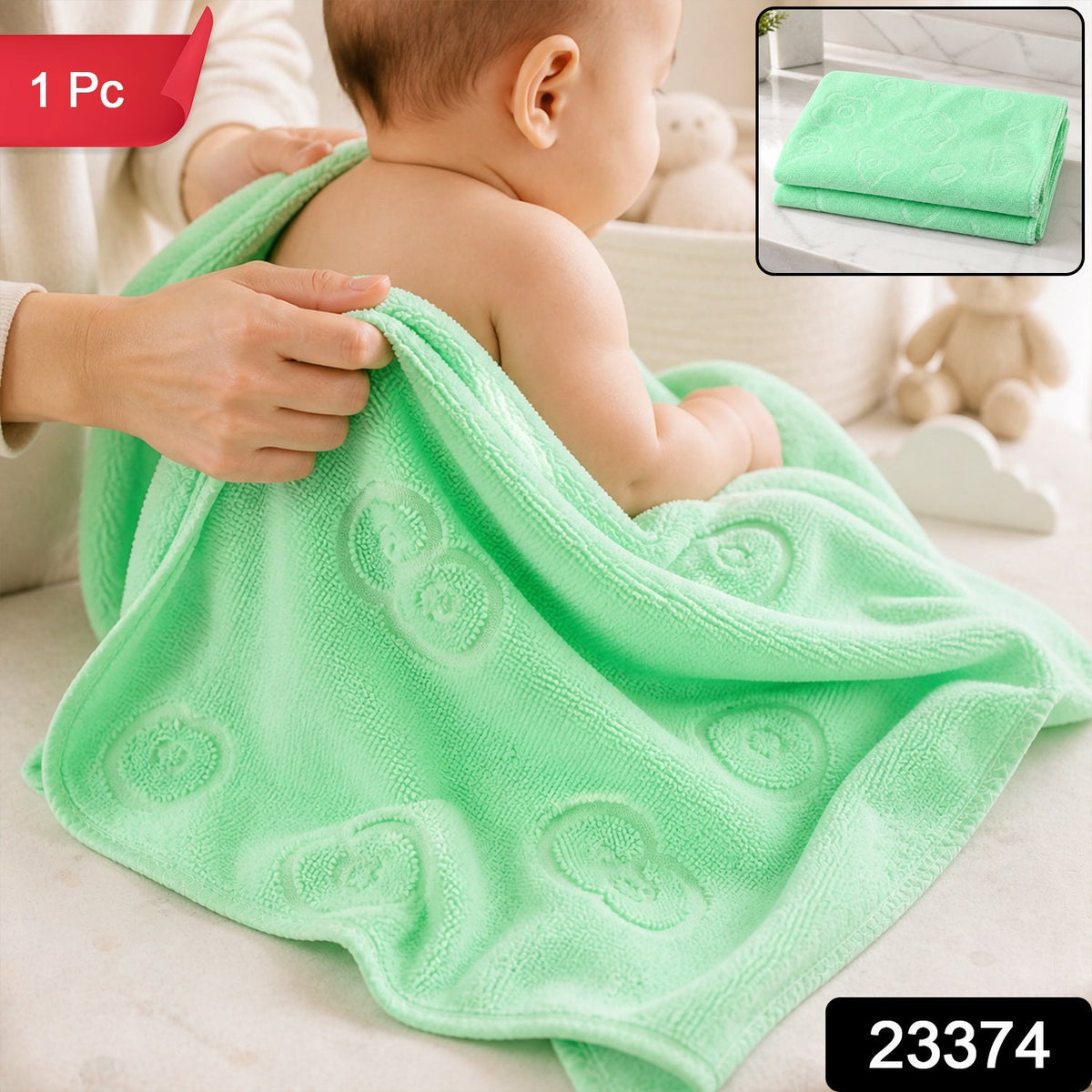 A baby is being dried with a light green microfiber towel, with a small inset showing two folded towels.