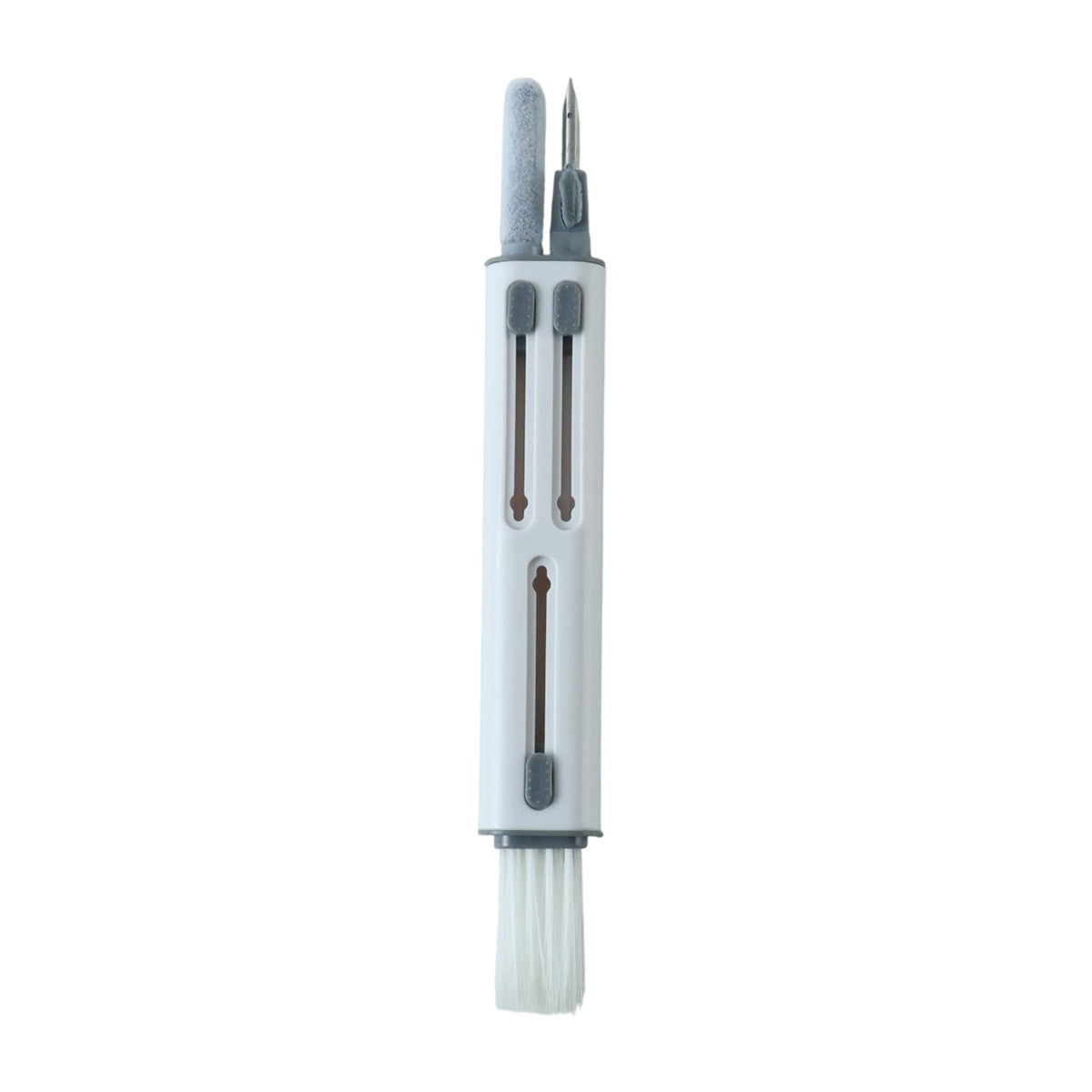 The white and gray multi-tool cleaning pen with all its components visible on a white background.