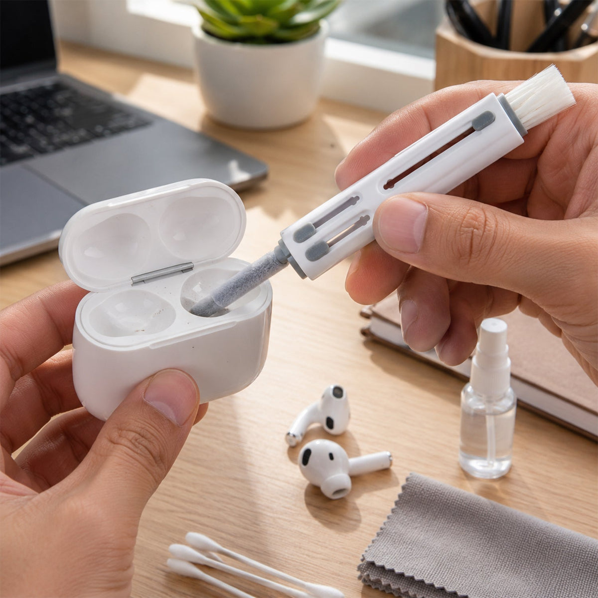 Hands using the cleaning pen's soft brush to clean an open white earbud case on a wooden desk.