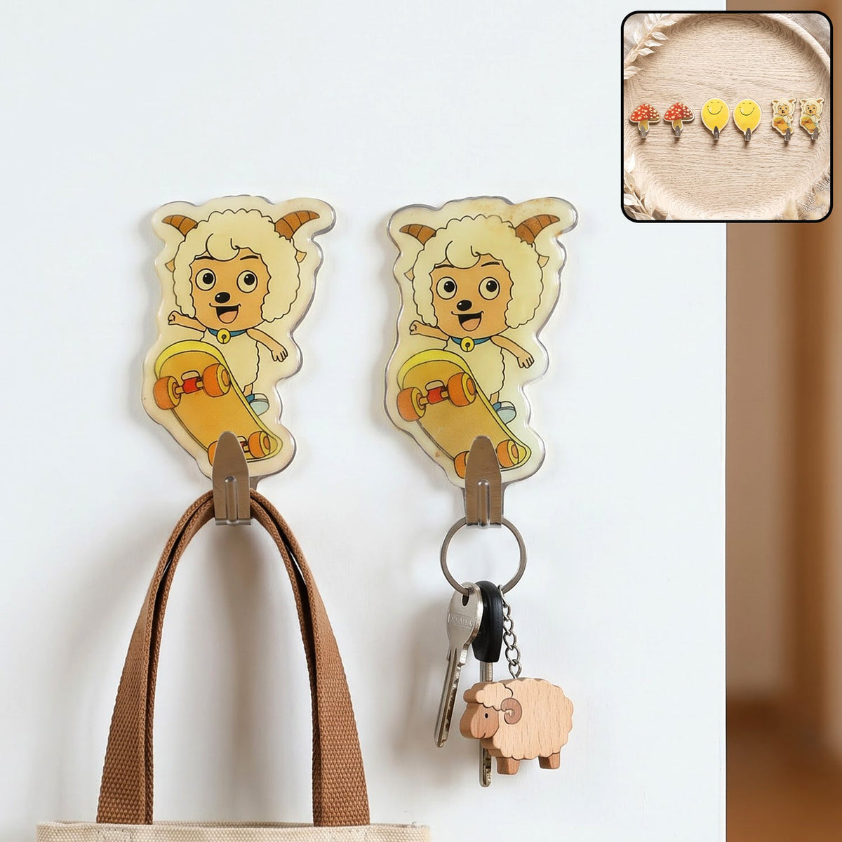 Two cartoon sheep on skateboards, acting as wall hooks, with a bag and keys hanging from them.