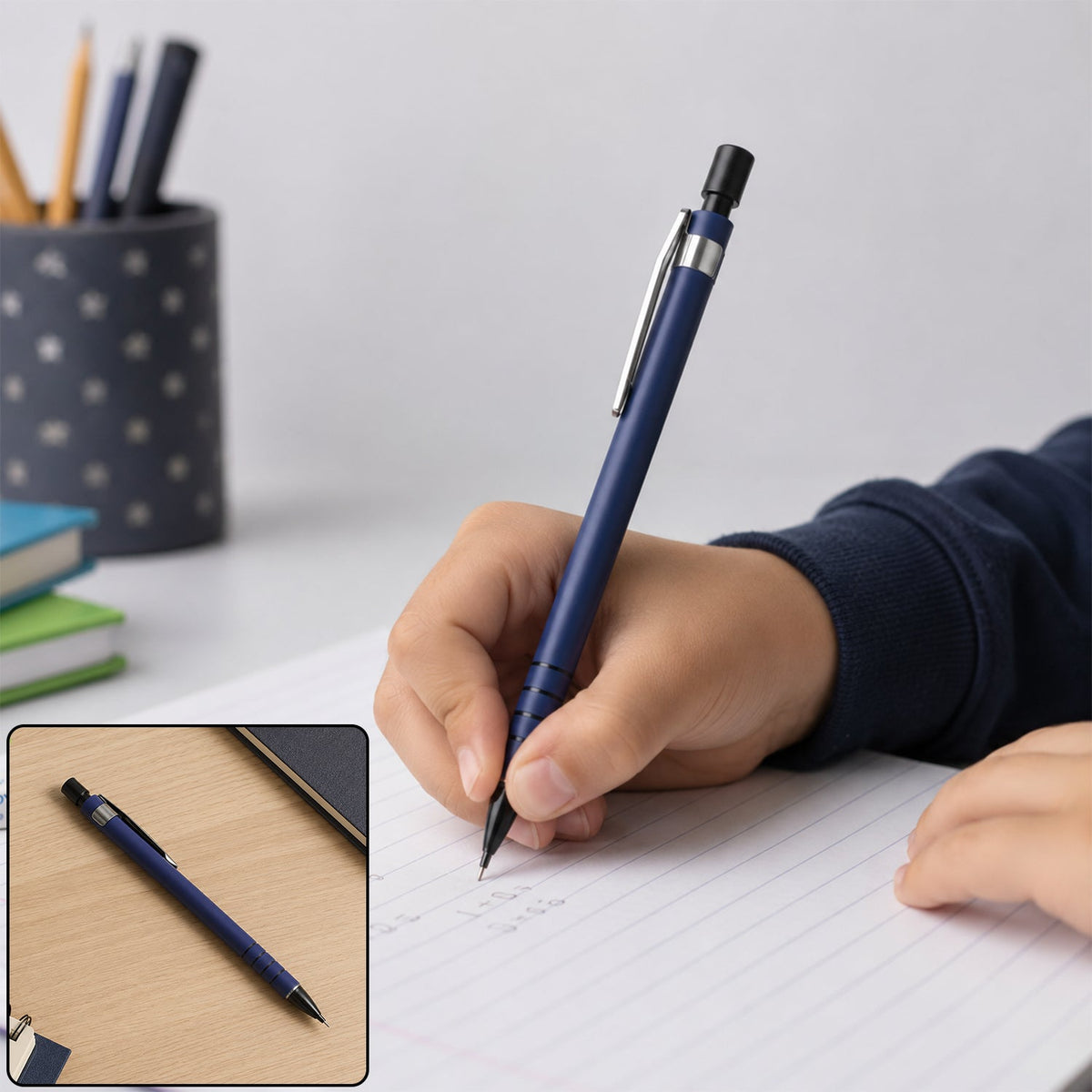 A child's hand writes with a blue mechanical pencil on lined paper, with a smaller inset image of the pencil on a wooden