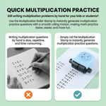 A split image contrasting writing math problems by hand with using the blue elephant math roller stamp to quickly generate