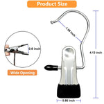 A single metal clip hanger with a hook is shown with measurements, indicating a 4.13-inch total length and a 0.8-inch wide