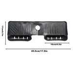 A black silicone faucet splash guard with drainage grooves and two side compartments, displayed with white text showing its