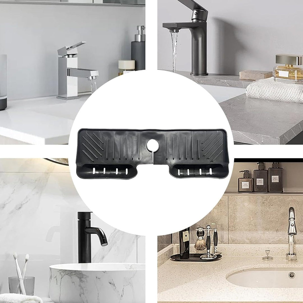 A collage of four different bathroom and kitchen sink scenes, with a black silicone faucet splash guard in the center.