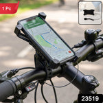 A black phone holder with a phone displaying a map is mounted on bicycle handlebars, withsmall horn shown in the corner