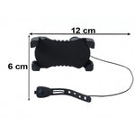 A black bicycle phone holder and a separate horn with a strap are displayed with dimensions of 12 cm and 6 cm.