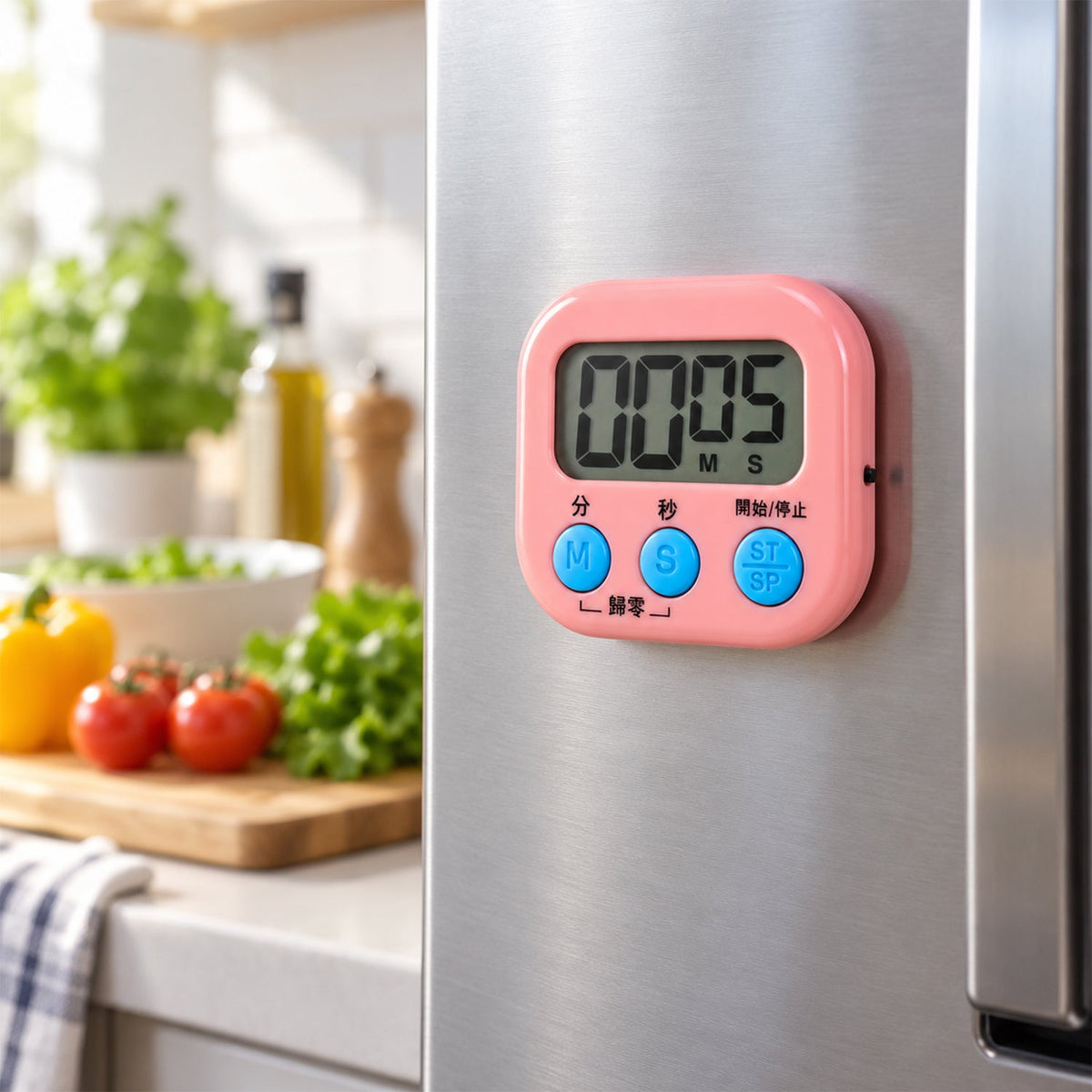 Digital kitchen timer showcasing its foldable stand for tabletop use